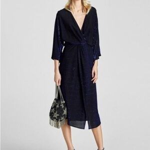 Zara Shimmery Dress Slit Front Neon Blue